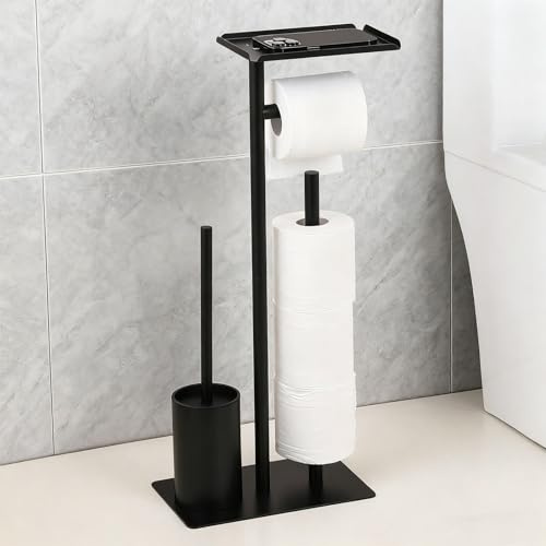 Porte-rouleau de papier toilette avec brosse de toilette et étagère pour salle de bain - Support de papier toilette sur pied - Noir mat - Brosse de salle de bain avec porte-rouleau