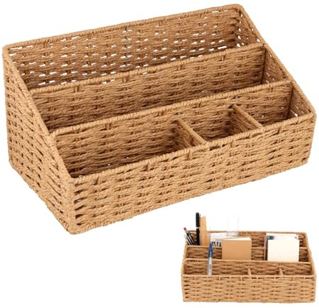 SYUTBOU CHUEHKAK Organiseur de Bureau Tressé à la Main - 5 Compartiments Porte-Stylos - Rangement pour Fournitures de Bureau - 33 x 18 x 15,5 cm - Chameau