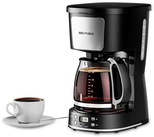 SECPOEDR 12-Cup Drip Coffee Maker with Reusable Filter,Programmable Clock,Auto Brew,Water Window,Keep Hot Plate,Glass Carafe,Compact Design for Kitchen,Office,Silver and Black,Stainless Steel