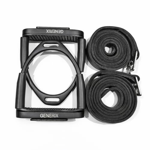 Horse Riding Stirrups 4.5 with leather belt set – Flexible Lightweight English Stirrups with Black Non-Slip Tread – Durable Equestrian Stirrup Irons for Jumping, Training & Everyday Riding