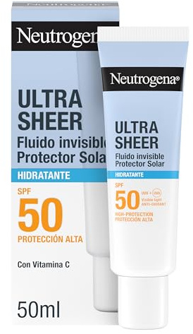 Neutrogena Ultra Sheer Invisible Fluid Fuktighetskräm SPF50 (50 ml), brett spektrum 50 ansiktssolskyddsmedel, ultralätt och hypoallergen ansiktsfuktkräm, vattentät solkräm