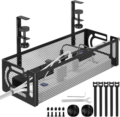 MiDARAH Under Desk Cable Management Tray No Drill, 39CM Sturdy Metal Mesh Cable Management Under Desk Organiser with Clamp Mount, Wire Management Tray, Cord Organiser for Home Office - Black