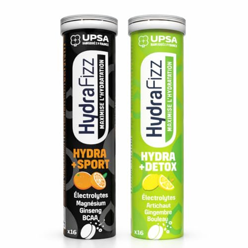 UPSA - Hydrafizz Détox + Sport - Hydratation, Performance et Élimination - Électrolytes, Artichaut, Gingembre, Ginseng et Vitamine C - 2 Boîtes de 16 Comprimés Effervescents - Fabriqué en France