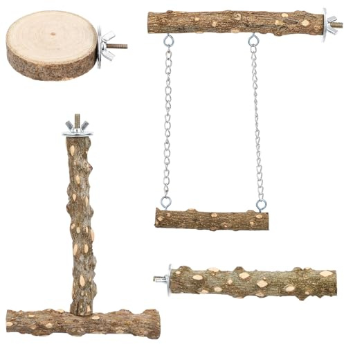 KAILIKETIY Perchas de Madera Natural para Jaulas de Pájaros 4 Piezas, Patas Posadas Pequeñas 15-17 Cm, Soporte de Rama con Columpio para Periquitos y Cacatúas, Accesorios para Aves
