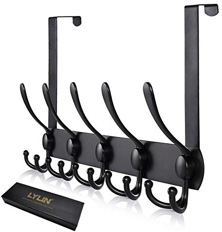 LYLIN Perchero Puerta, Colgador Puerta en Acero Inoxidable con 15 Ganchos, Ganchos de Perchero para Dormitorio Baño Pasillo y Cocina (Negro, puerta espesor menos de 4.5 cm)