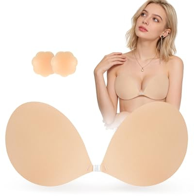 SHINYMOD Strapless Bra, Invisible Backless Bra Breast Lift Up Push Up Padded Sticky Bras Bigger Bust Self Adhensive Nipple Cover Reusable Bra for Wedding Dress Swimsuit Women, Beige, D
