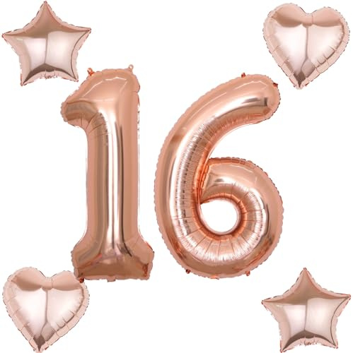 Ballon d'anniversaire 16 cm - Motif chiffre 16 - Or rose - Avec 4 ballons gonflables - Taille XXL - 16 ballons à l'hélium - Pour fille - Décoration numéro 16 - Or rose