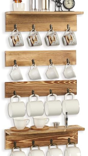 JUJOYBD Porte-tasses Rustique Mural - Étagère Suspendue Avec 16 Crochets - En Bois Pour Tasses à Café - Lot de 4 - Pour Cuisine, Salle de Pause et Couloir