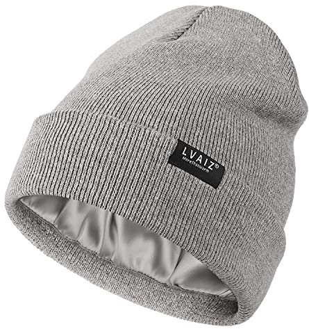 Satinfodrad vintermössa mössor för kvinnor stickad klockhatt med sidenfoder unisex solid skalle keps, Ljusgrå, one size