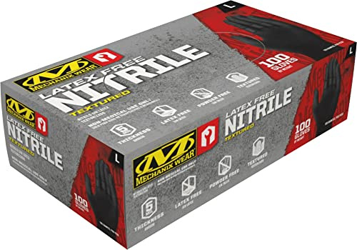 Mechanix Wear 5 Mil Nitrile Disposable Gloves with High Dexterity, Latex Free, Powder Free, Nitrile Rubber Gloves, Textured Grip, 100 pack, Cleaning and Mechanic Work Gloves (Black 5 Mil, X-Large)
