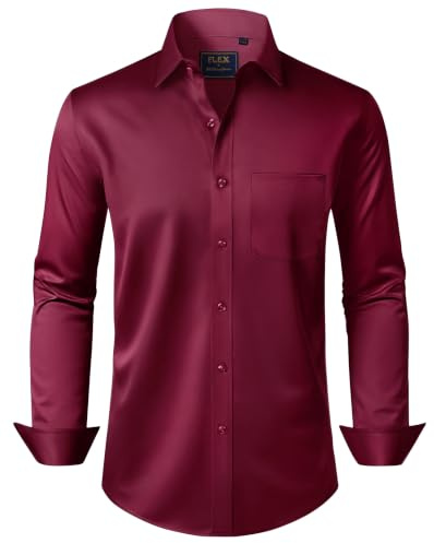 J.VER Dress Shirts for Men Long Sleeve Stretch Non Iron Regular Fit Business Casual Wedding Party Burgundy Shirt L
