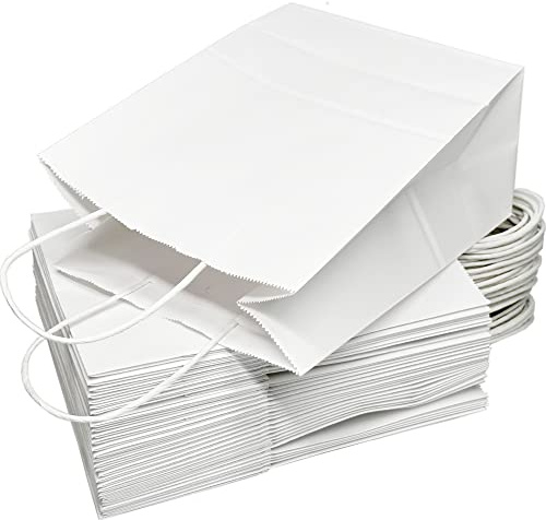 30 Pack White Paper Bags with Handles, Medium Gift Bags 8.2 x 4.3 x 10.6 Inch, Paper Party Bags for Birthday, Wedding, Retail Shopping, Takeaway, Business, Goody and Craft Gifts