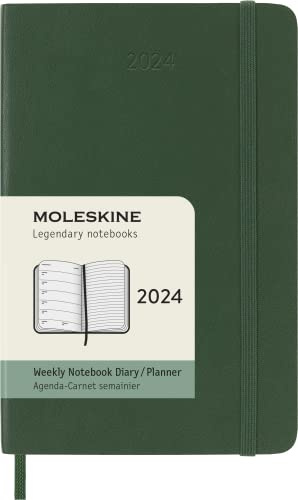Moleskine Weekly Agenda with Space for Notes 12 Months 2024, Agenda 2024, Size Pocket 9x14, Soft Cover and Elastic Closure, Colour Myrtle Green