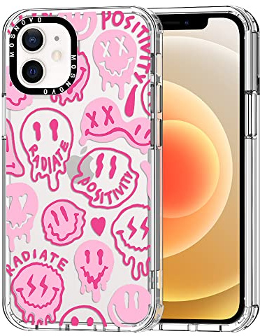 MOSNOVO für iPhone 12 Mini Hülle – Durchsichtige, schlanke, stoßfeste TPU+PC-Handyhülle, [6,6 Fuß Fallschutz/Anti-Abziehen] - Rosa tropfendes Lächel-Gesicht mit positiver Ausstrahlung