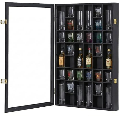 36-Slot Shot Glass Display Case, Solid Wood Locking Cabinet, 18 x 26, Black