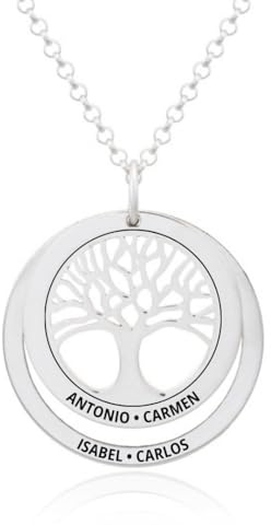 Collar Árbol de la Vida en Plata de Ley 925 personalizable. Cadena de 45cm. Regalo ideal madre abuela con nombres familia. Cumpleaños, Navidad. Hecho en España. (Collar Árbol de la Vida + 1 Aro)