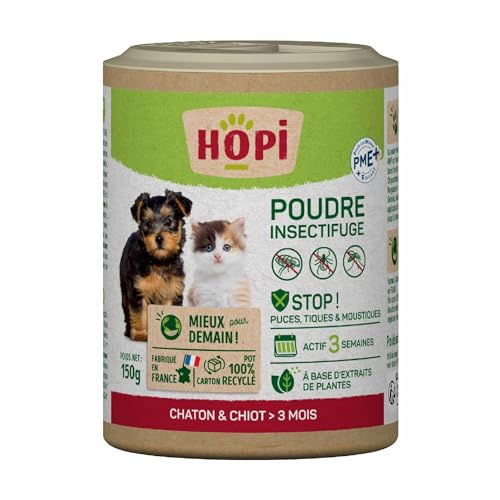 HOPI Poudre Anti Puces Chat et Chien sans rinçage 150 GR - Protection idéale pour repousser Les Puces, Les Tiques et Les Moustiques - Extraits de Plantes - Pratique et Facile - Fabriqué en France