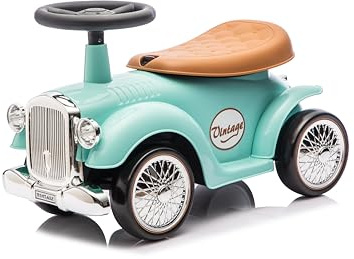 Baroni Toys Macchina Ride-On Vintage per Bambini dai 12 ai 36 Mesi, Baby Car con Clacson ad Aria, Vano Portaoggetti, Manubrio Sterzante e Ruote Stabili per Imparare a Camminare, 25x59x35 cm, Celeste