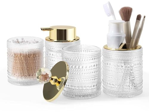 DASITON Badezimmer Zubehör Set aus Glas, 4-teiliges Badezimmer Set von Seifenspender, Zahnbürstenhalter, Zahnputzbecher, Wattestäbchen Behälter, Hochwertiges Badaccessoires Sets (Transparente A)