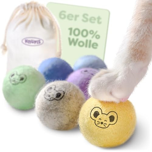 Knupis 6 Filzbälle für Katzen mit Tasche - Spielspaß ohne Lärm aus 100% Wolle - Katzenspielzeug Geräuschlos, Weich und gut Sichtbare Katzenbälle für alle Katzen und Kitten