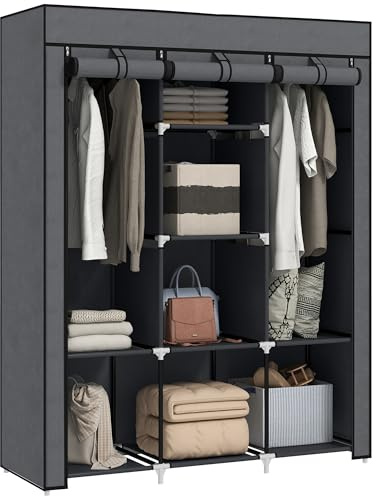 HOMCOM Fabric Wardrobe with 8 Shelves, 125 x 43 x 162.5 cm, Dark Grey | Portable Wardrobe, Clothes Storage Unit, 2 Hanging Rods