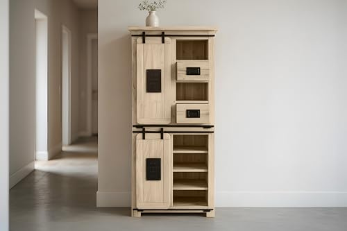 SAM Highboard Libro IV, Akazienholz massiv + eichefarben, Hochschrank mit 2 Holzschiebetüren, 2 Schubladen & 10 offenen Fächern, Türelemente, Griffe & Reling aus Eisen, 80 x 45 x 175 cm