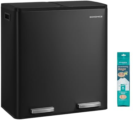 SONGMICS Pedalhink för Källsortering, 60 L (2 x 30 L), i Stål | Soptunna, Mjukstängande Lock, Inklusive 15 Soppåsar, 59,1 x 36,5 x 62,7 cm, för Kök, Svart, PARY Kollektion LTB160BZ02