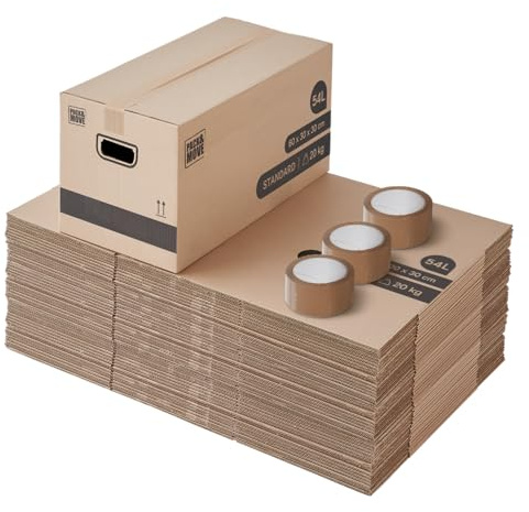 Pack and Move - Lot 50 cartons déménagement stockage standard - 60 x 30 x 30 cm - Poignées renforcées - 3 adhésifs offerts
