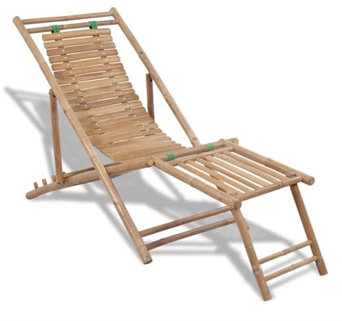 Mandloder Tumbona de bambú con reposapiés, silla de jardín ajustable en 4 direcciones, sillón relajante plegable para terraza, balcón y exterior, resistente a la intemperie y duradera