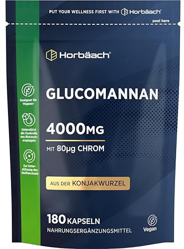 Glucomannan 4000mg Kapslar | med 80µg Krom | Hög Styrka | 180 Veganska Kapslar | 100% Ren Konjakrotextrakt Kosttillskott | av Horbaach