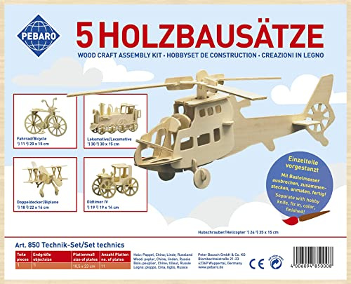 Pebaro 850 träbyggsats teknikset, 5 stycken 3D-pussel: Cykel, lok, dubbeldäckare, gammaltimer, helikopter; modellbyggsats, hantverk med trä, träpussel, färdigstansade träplattor, presentidé