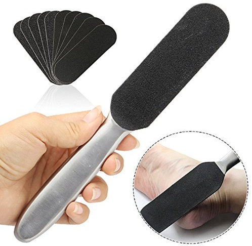 OFKPO Edelstahl Doppelseitig Fußfeile mit 10 Ersatz Schleifpapieren,Profi Hornhautraspel für Pediküre und Fußpflege