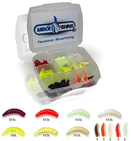 MiRoeFishing Bienenmaden Set Kunstmaden zum Angeln auf Forelle oder Barsch 95 Bunte Köder in Einer Box.
