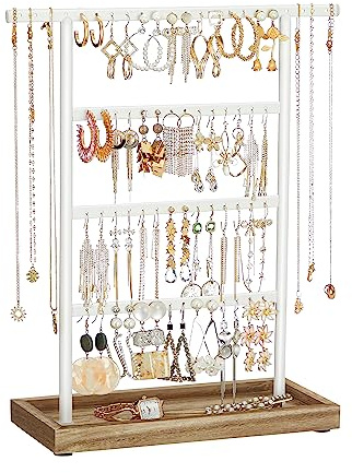 SONGMICS Jewelry Organizer, 4-Tier Earring Holder Organizer Stand with Base Tray, for Studs and Necklaces, Vintage, Wood Color and White UJJS019W01