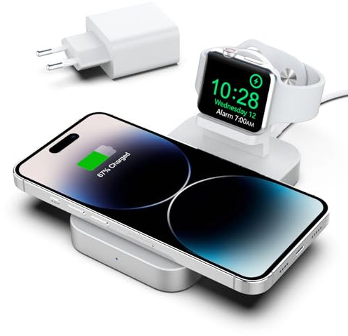 Boaraino Magnetisch Wireless Charger, 2 in 1 Kabellose Ladestation Kompatibel mit iPhone 16/15/14/13 /12 Serie, Apple Watch 10/9/ 8/7/6/SE/5/4/3, AirPods 2/3/4/Pro/Pro2/Pro3