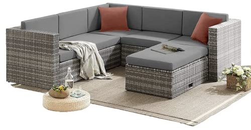 EVRE Monaco Rattan Garden Furniture Set 6 Piece Seat 5 Sofa 1 Ottoman Footstool Outdoor Wicker Weave Lounge Sofa and Glass Top Table with Cushions (Grey)