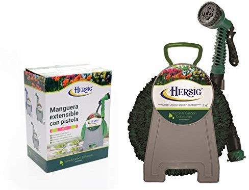 HERSIG - Manguera Extensible - Manguera Jardin Extensible con Portamangueras Verde Oscuro 10m - Mangueras de Jardín con Pistola de Riego - Mangueras Jardin Antitorsión Ligeras y Resistentes