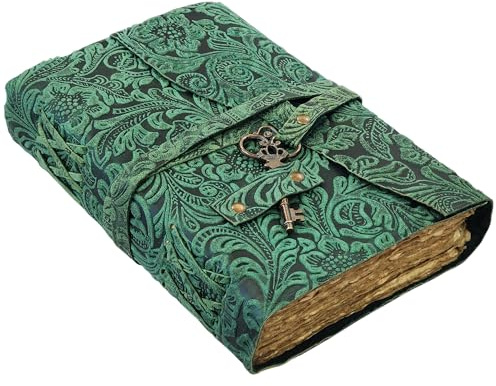 Leather Notebook, 200 Blank Pages - Handmade Bound Journals for Women and Men - For Travel Diary Writing, Daily Work, Sketchbook - Vintage Feel (A Green, 7x5 Inch)