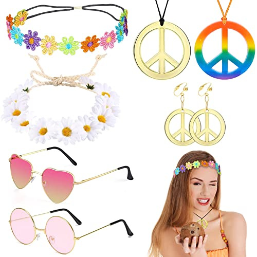 VEGCOO 8 Pz Hippie Costume Set Retrò, Stile Vintage Anni 60 Anni 70 Hippie Accessori - Occhiali da Festa Hippie, Orecchini, Cerchietto con Girasole, Collana con Segno di Pace