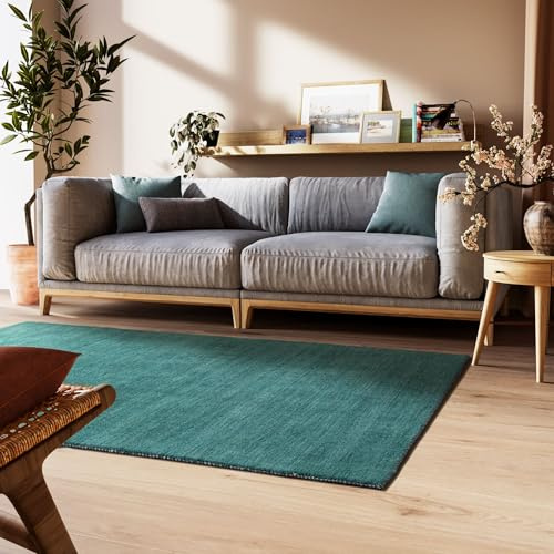 Steffensmeier Gabbeh Teppich Nomade | Wolle (Schurwolle), Türkis, Größe: 65x135 cm Kurzflor für Wohnzimmer, Flur, Ethno Look