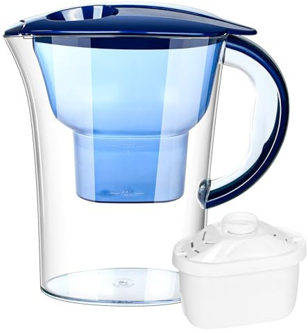 Wasserfilter Kanne Filter mit 1 Filterkartusche Wasserfilter Krug 4 Stufige Filteration zur Reduzierung von Kalk Chlor Blei Kupfer & Geschmacksstörenden Stoffen im Wasser Blau (2.5L)