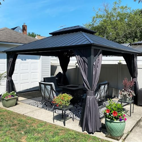 PURPLE LEAF Tonnelle de Jardin Exterieur 4,25 x 3,65 m, Pergola Aluminium à Double Toit Rigide en Acier Galvanisé, Pavillon de Jardin avec Rideaux et Moustiquaire pour Camping, Fête, Barbecue, Gris