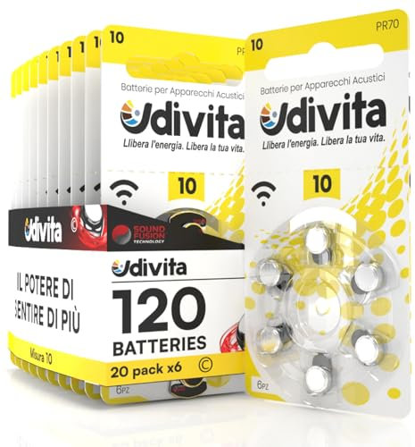 120 Batterie per Apparecchi Acustici Auricolari Udivita Misura 10 PR70 con Tecnologia Phono Pulse - 20 Blister da 6 Pile
