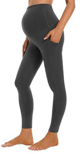 Gowjog Leggings de maternidad para mujer, opacos, cintura alta, elásticos, para yoga, entrenamiento, activos, embarazo, maternidad, deportes, con bolsillos, gris oscuro, M
