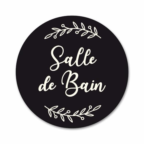 Plaque de Porte Salle de Bain Autocollante PVC Gravé Noir Blanc Ronde. Décoration de Porte personnalisée,