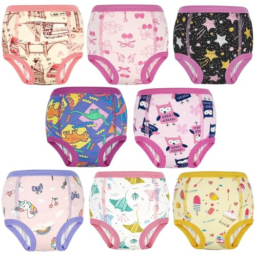 FLYISH DIRECT Girls Potty Training Pants 8 Packs, 100% Cotton Training Pants for Girls and Boys, Reusable Training Pants for Toddler, Absorbent Potty Training Underwear, Pink Mood, 3 Years