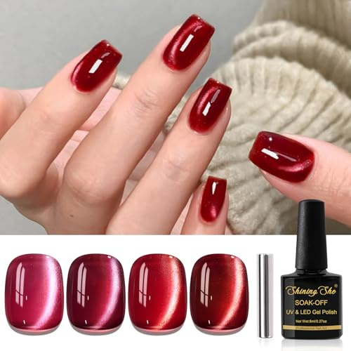 Shining She Rot UV Nagellack Jelly Magnet CatEye, 4 Farben Burgund Rot Kirschrot Glitzer Glas Kristalle Cat Eye Nail Polish Soak-Off UV Gel Nagellack für Anfänger Maniküre Salon DIY, 8ML