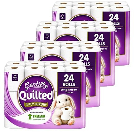 Gentille Quilted Bathroom Tissue Rolls | Luxury 3-Ply Toilet Paper Soft, Strong & Sustainable | UK Made (96)