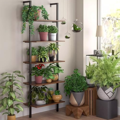 Clevich 5-stöckiges Bücherregal, 185x60cm, Standregal, Wandregal Aktenregal Büroregal Leiterregal, Pflanzenregal für Heimbüro, Wohnzimmer