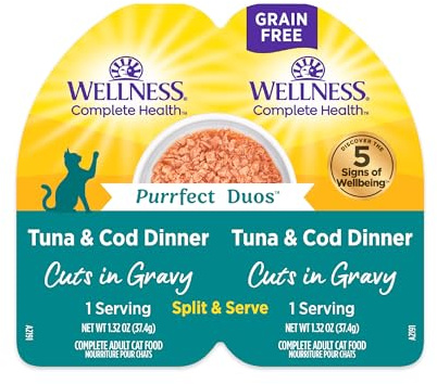Wellness Complete Health Purrfect Duos Cuts in Gravy Adult Wet Cat Food, Natural, Protein Rich, Grain Free, Tuna and Cod Dinner Recipe, 2.64 oz, Pack of 12 Split Cups